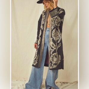 Free People Black Embroidered Long Coat with Cream Floral Motif